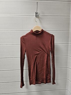 BCBG Sheer Long Sleeve Turtleneck Top in Rust Red